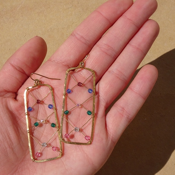 Golden Age Handcrafted Artisan Beaded Colorful Rectangle Big Statement Earrings - Picture 4 of 8